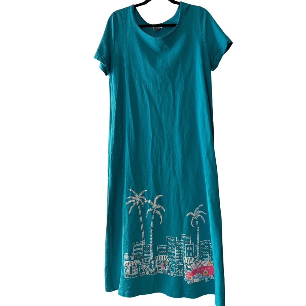 CITE Teal Blue Tropical City Palm Tree Graphic T Shirt‎ maxi Dress Women's Large